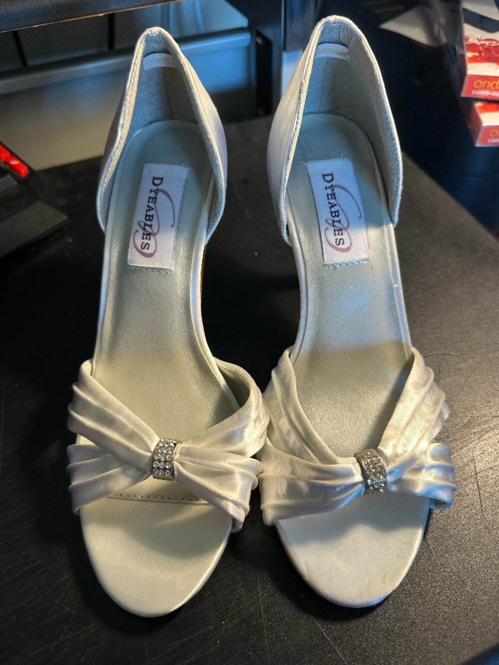 Dyeables White Satin Bridal Heels Rhinestone Bow Open Toe DOrsay Pump Size 8